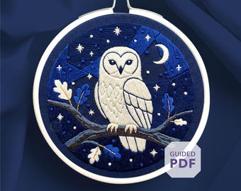 snow owl hand embroidery pattern PDF * night time forest ornament * whimsical woodland creature * white bird hoop art * mystical stitch
