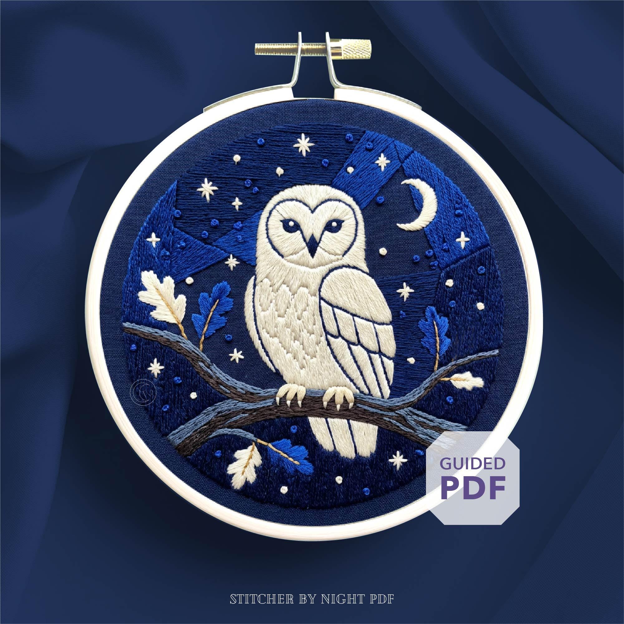 snow owl hand embroidery pattern PDF * night time forest ornament * whimsical woodland creature * wh
