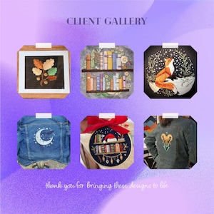 May include: A collection of embroidered art pieces and denim jackets. The art includes a framed piece with autumn leaves, a bookshelf, a fox under a starry sky, and a denim jacket with a crescent moon design. The image also shows a Christmas-themed embroidery hoop and a denim jacket with a ram design.