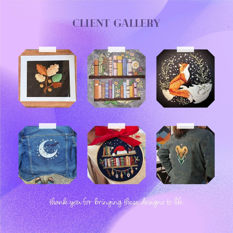 May include: A collection of embroidered art pieces and denim jackets. The art includes a framed piece with autumn leaves, a bookshelf, a fox under a starry sky, and a denim jacket with a crescent moon design. The image also shows a Christmas-themed embroidery hoop and a denim jacket with a ram design.