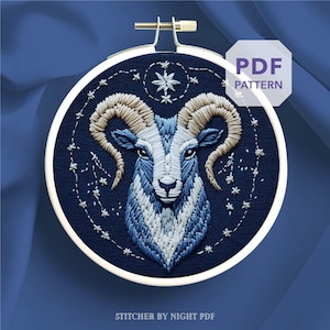 sterrenbeeld ram borduurontwerp * astrologie borduurcadeau * blauwe sterrenbeeld hoepelkunst * kosmische dierenriem pdf-handborduurpatroon