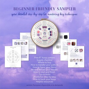 Puede incluir: Un kit de bordado para principiantes con un patr&oacute;n de aro de 20 cm. El kit incluye una lista de suministros, instrucciones y consejos. El dise&ntilde;o presenta varias puntadas en rosa, morado y azul. El texto dice: "BEGINNER-FRIENDLY SAMPLER".
