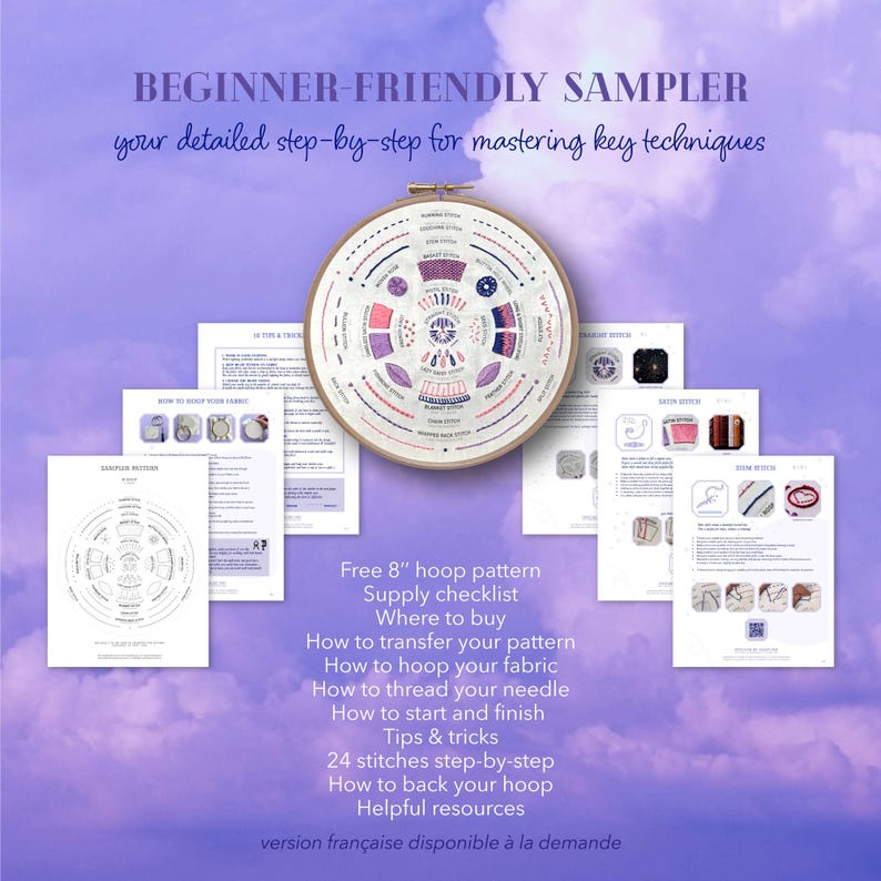 Puede incluir: Un kit de bordado para principiantes con un patr&oacute;n de aro de 20 cm. El kit incluye una lista de suministros, instrucciones y consejos. El dise&ntilde;o presenta varias puntadas en rosa, morado y azul. El texto dice: "BEGINNER-FRIENDLY SAMPLER".