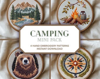 camping embroidery design pack * Yellowstone, campfire, bear & compass patterns * hiker ornament pdf pattern