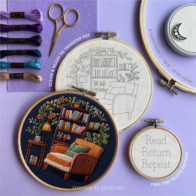 Book Nook Embroidery Design * Floral Bookshelf Embroidery Pattern ...