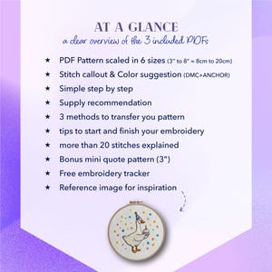 May include: An embroidery pattern overview with a light purple and white background. Text includes "AT A GLANCE" and details about the included PDFs, such as pattern sizes (3" to 8"), stitch suggestions, and a free embroidery tracker. A small embroidered goose is shown.