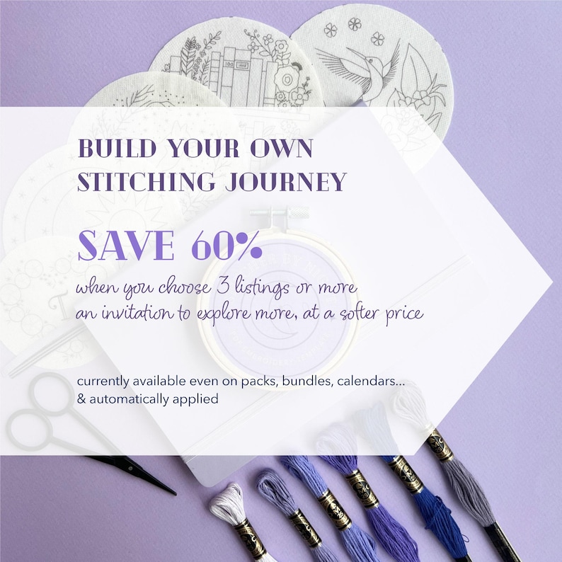 May include: A promotional image for a stitching project. The text reads "BUILD YOUR OWN STITCHING JOURNEY" and "SAVE 60%" with additional text. Embroidery hoops, embroidery floss, and scissors are also visible.