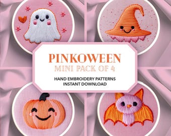 May include: Four hand-stitched embroidery patterns in hoops, with Halloween themes. Designs include a ghost, witch's hat, pumpkin, and bat, in orange, pink, and white. The text "PINKOWEEN MINI PACK OF 4" is displayed, with "Hand Embroidery Patterns" below.