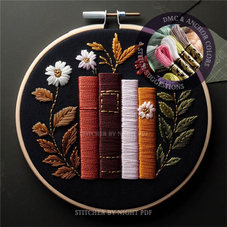 Easy Bookshelf Embroidery Pattern * Floral Bookshelf Embroidery Design ...