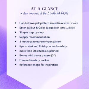 Puede incluir: Imagen que detalla las caracter&iacute;sticas de un patr&oacute;n de bordado digital. El texto "AT A GLANCE" enumera patrones dibujados a mano en 6 tama&ntilde;os (7,6 cm a 20,3 cm), sugerencias de color y un rastreador de bordado gratuito.