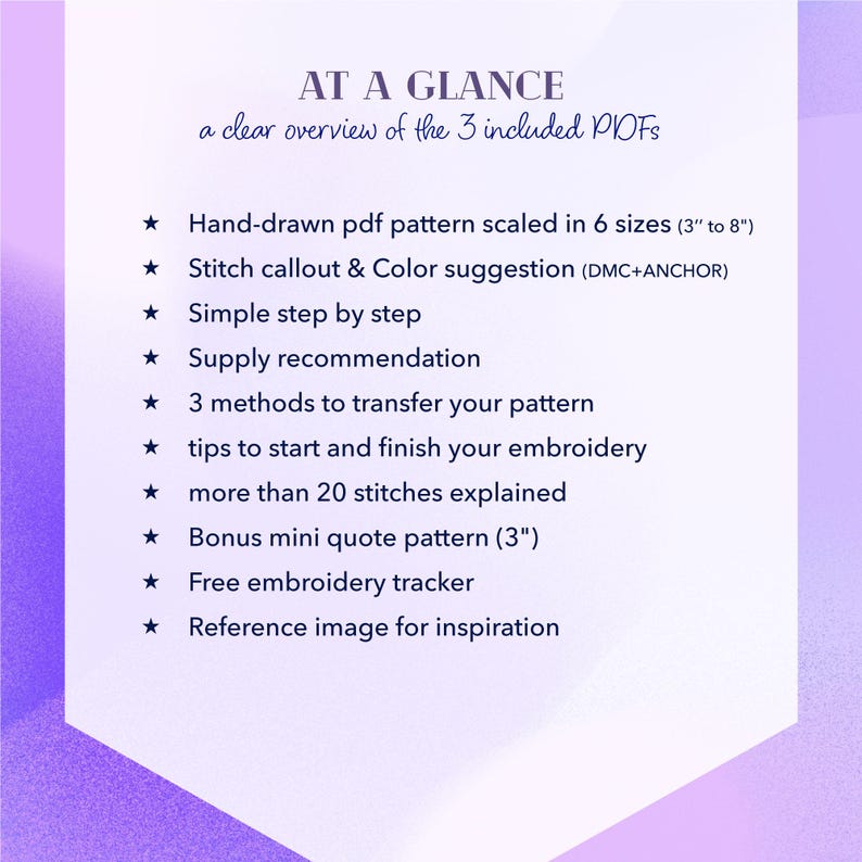 Puede incluir: Imagen que detalla las caracter&iacute;sticas de un patr&oacute;n de bordado digital. El texto "AT A GLANCE" enumera patrones dibujados a mano en 6 tama&ntilde;os (7,6 cm a 20,3 cm), sugerencias de color y un rastreador de bordado gratuito.