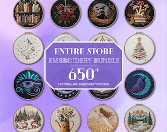 May include: A collection of hand embroidery patterns in wooden hoops. The designs include a bookshelf, roses with a sword, a witch, mushrooms, a goose, a Christmas tree, an eye, a raven, deer, flowers, a woman, and mountains. The text reads "ENTIRE STORE EMBROIDERY BUNDLE 650+".