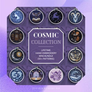 May include: A collection of hand embroidery mini bundles featuring cosmic designs. Each design is displayed in a round hoop. The designs include a woman, an owl, a unicorn, a ram, a library, a cocktail, a moon and sun, a moth, fish, a castle, a fairy, and waves.