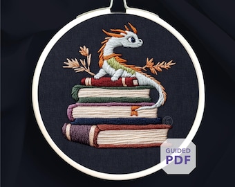Diseño de bordado de dragón * Bordado de dragón de Bookful * Lindo regalo de bordado de dragón * Patrón de bordado a mano de estantería de fantasía de bricolaje