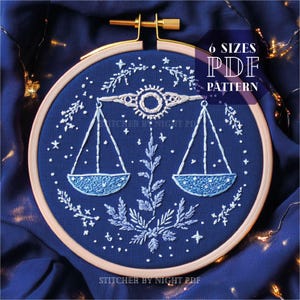 projekt haftu z motywem wagi * prezent z motywem niebiańskiej wagi * wzory haftu zodiakalnego * haft astrologiczny * ręcznie robiona sztuka ścienna inspirowana motywem zodiaku