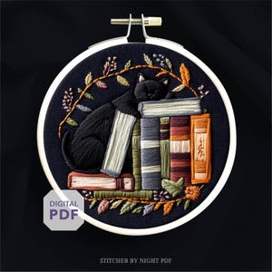 black cat and book embroidery design * bookshelf embroidery pattern * book hand embroidery pattern PDF