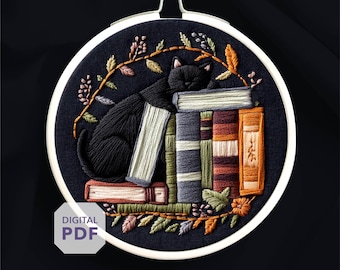 Diseño de bordado de gato negro y libro * Patrón de bordado de estantería * Patrón de bordado a mano de libro (PDF)