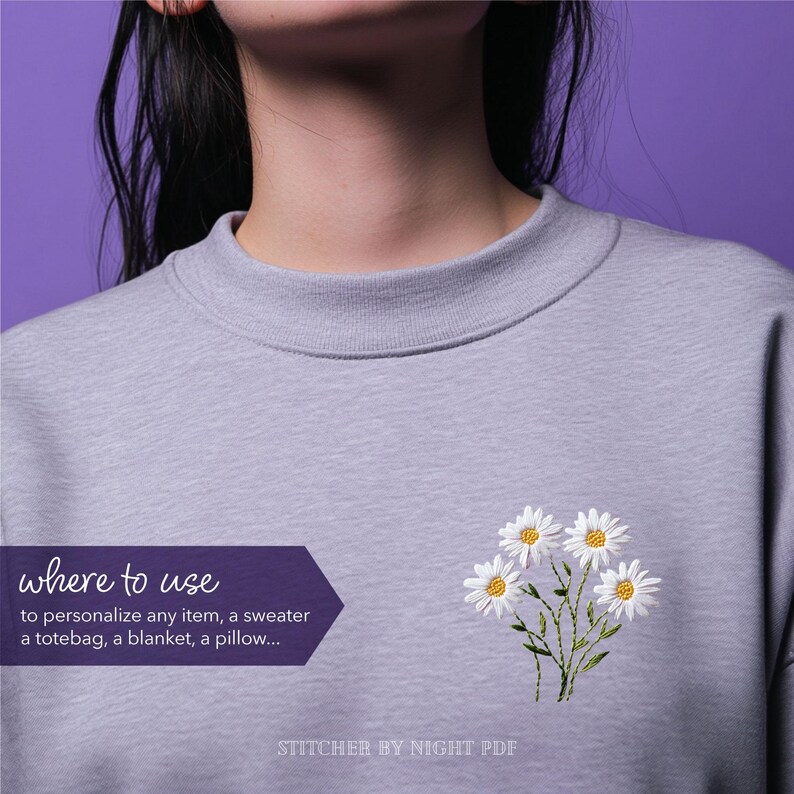 Diseño de bordado de margaritas en PDF * Adorno floral de nacimiento de abril * Regalo de flores silvestres DIY * Patrón de costura a mano de margaritas "oopsie" imagen 7