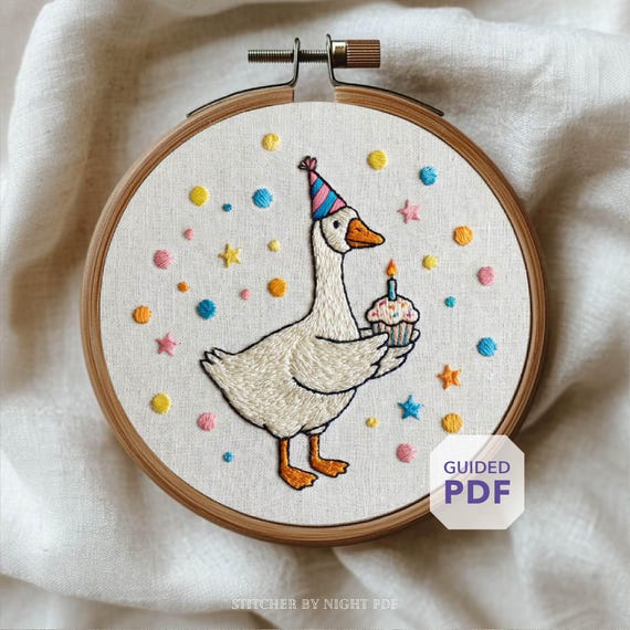 birthday goose embroidery design PDF • bday cupcake candle ornament • Funny Party Decor • Cute Farm Animal Gift • Celebration Hand Stitching