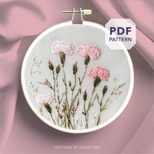 roze anjer borduurontwerp * januari geboorte bloem borduurcadeau * lentebloem handborduurpatroon * bloemenhoepelkunst voor beginners