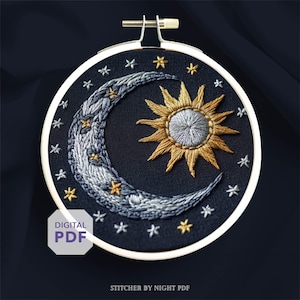 sun and moon embroidery design * celestial ornament DIY * easy hand embroidery pattern PDF