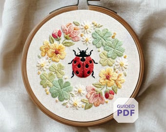 lucky ladybug embroidery design PDF • lady luck charm • Garden Insect Hoop Art • Spring Nature Needlepoint • Beginner Hand Stitching