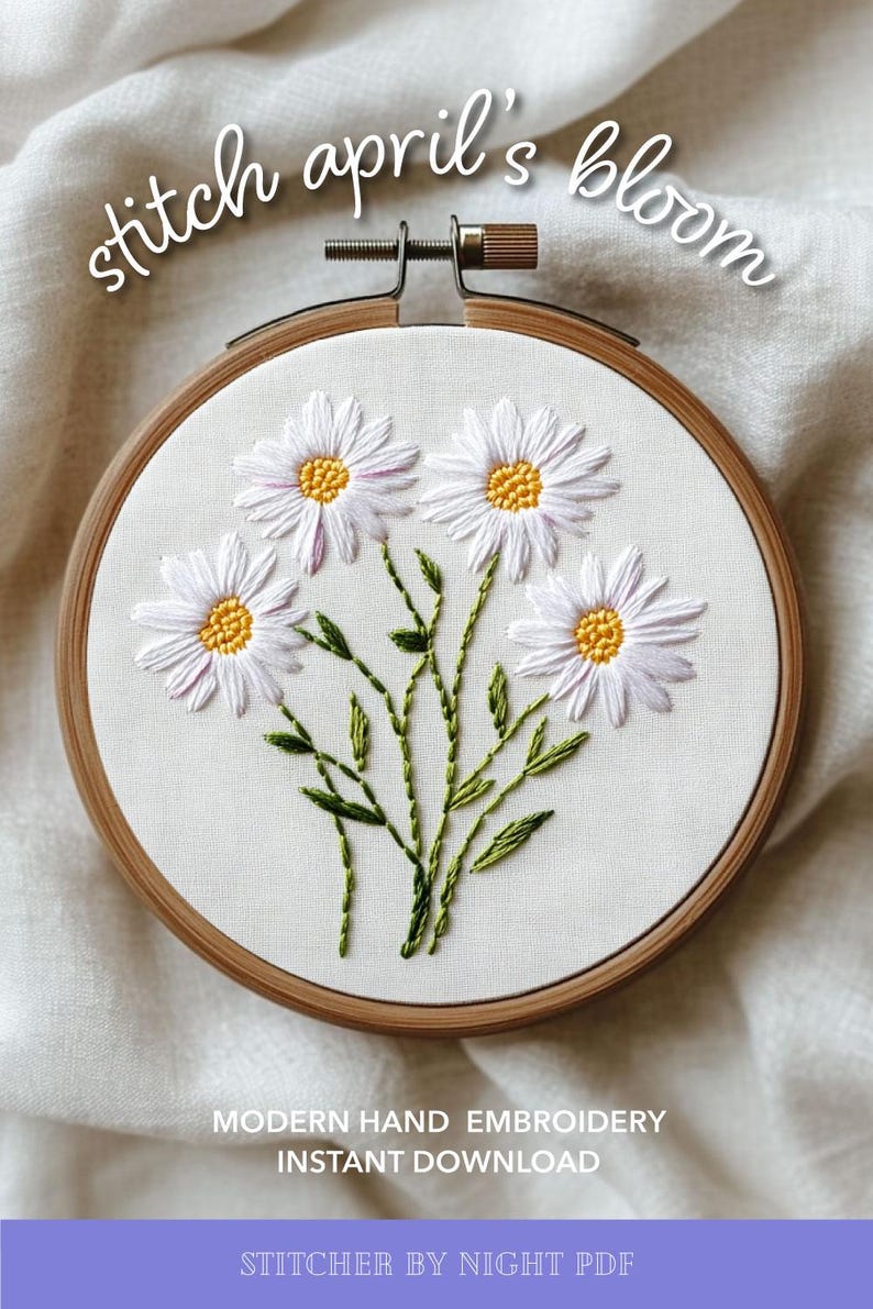 Diseño de bordado de margaritas en PDF * Adorno floral de nacimiento de abril * Regalo de flores silvestres DIY * Patrón de costura a mano de margaritas "oopsie" imagen 11