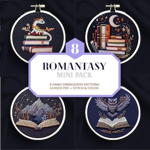 romantasy book embroidery set * 8 magical reading patterns * owl dragon moon flower motifs * beginner hoop art bundle * hand embroidery PDF