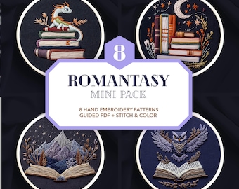Conjunto de bordado de libros románticos * 8 patrones de lectura mágicos * motivos de búho, dragón, luna y flores * paquete de arte de bastidor para principiantes * PDF de bordado a mano