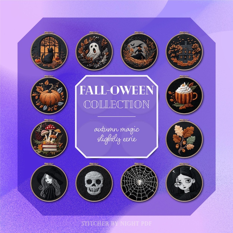 May include: A collection of embroidered art pieces in black hoops, featuring Halloween and autumn themes. Designs include a black cat, ghost, witch, pumpkin, skull, spiderweb, and a girl with a witch hat. The text reads "FALL-OWEEN COLLECTION".