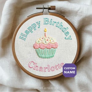 cupcake candle embroidery design PDF• custom name birthday • canva editable name • happy bday ornament • easy hand stitching pattern