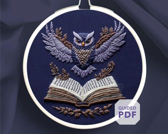 owl hand embroidery pattern * open book hoop art * magic book embroidery gift * dark academia book lover gift * owl embroidery design pdf