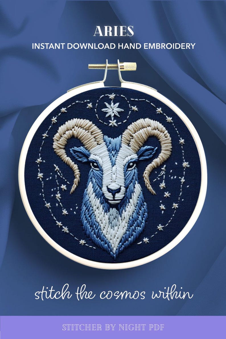 zodiac aries embroidery design * astrology embroidery gift * blue star sign hoop art * cosmic zodiac PDF hand embroidery pattern image 16