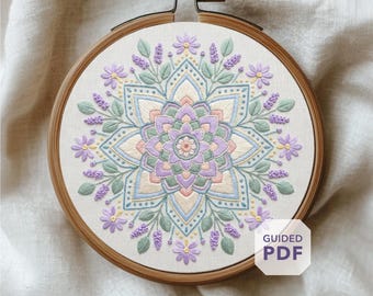 lavender mandala embroidery design PDF * handmade zen meditation decor * mindful floral hoop art * beginner hand stitching pattern