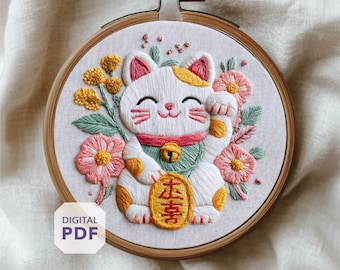 lucky cat embroidery design * handmade maneki neko charm * PDF pattern