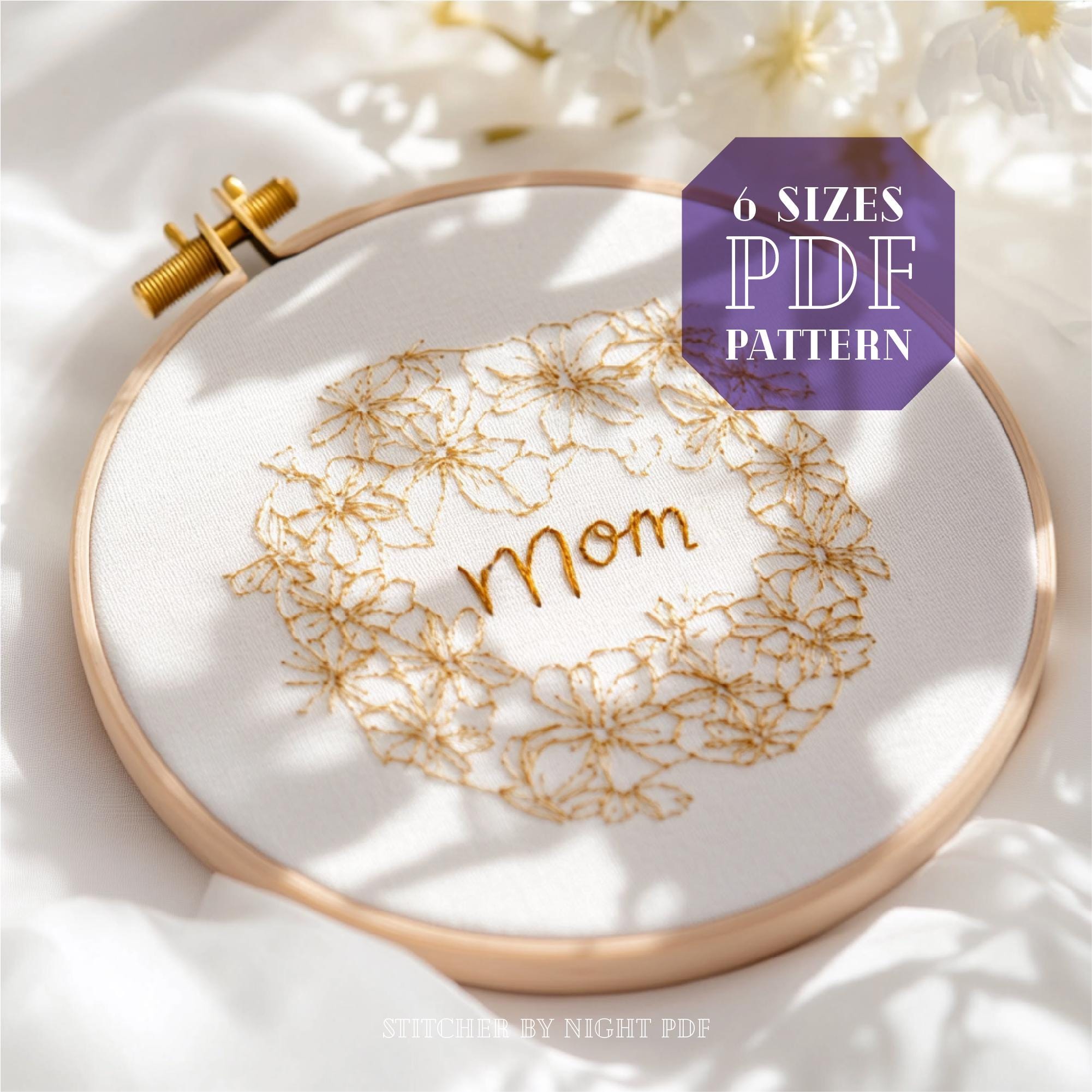 flower wreath mom embroidery design * cool mom embroidery design  * one color embroidery designs * mother day gold round frame embroidery