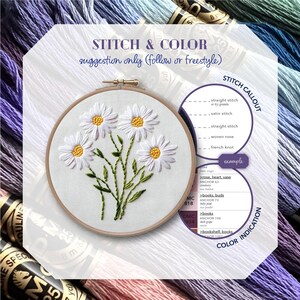 Diseño de bordado de margaritas en PDF * Adorno floral de nacimiento de abril * Regalo de flores silvestres DIY * Patrón de costura a mano de margaritas "oopsie" imagen 3
