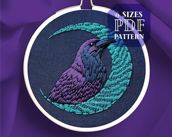 night raven embroidery design, mystic bird hand embroidery pattern PDF, handmade raven outfit, DIY witchy moon gift