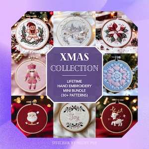 May include: A collection of hand embroidery patterns in wooden hoops. The designs include a gingerbread man, winter landscape, poinsettia, nutcracker, snowflake, Santa Claus, the word "Joy", and a reindeer. The text reads "XMAS COLLECTION".