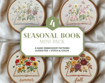open book embroidery design pack * blooming book bundle * 4 seasons wall art set * floral hand stitching patterns PDF * beginner friendly