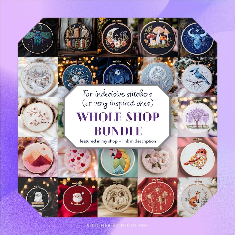 May include: A collection of embroidered hoops with various designs, including a beetle, mushrooms, a moon, and a blue jay. The text reads "WHOLE SHOP BUNDLE" and "featured in my shop + link in description". The hoops are in wooden frames.
