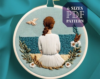 girl by the sea embroidery pattern * slow living coastal decor  * beach hand embroidery design PDF