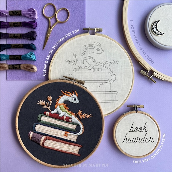 dragon embroidery design * bookshelf dragon embroidery pattern * romantasy book lovers gift * cute dragon hand embroidery pdf * medium