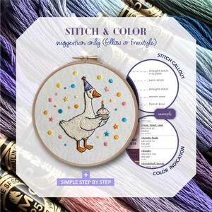 May include: Embroidered hoop art featuring a goose wearing a party hat and holding a cupcake. The design includes colorful stars and confetti. Text on the image reads "STITCH & COLOR suggestion only (follow or freestyle)" and "SIMPLE STEP BY STEP".