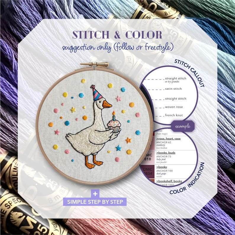 May include: Embroidered hoop art featuring a goose wearing a party hat and holding a cupcake. The design includes colorful stars and confetti. Text on the image reads "STITCH & COLOR suggestion only (follow or freestyle)" and "SIMPLE STEP BY STEP".