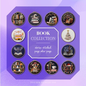 May include: A collection of embroidered hoops featuring book-themed designs. Each hoop showcases a unique scene, including bookshelves, a dragon, a Christmas tree, and an owl. The central text reads "Book Collection" and "stories stitched page after page."