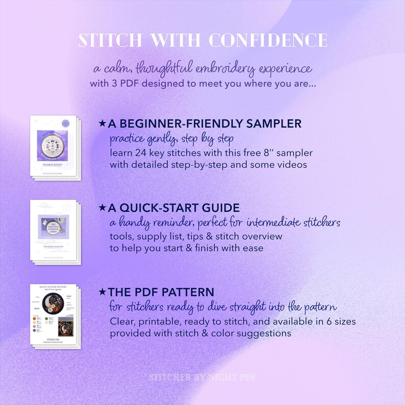 Puede incluir: Un gr&aacute;fico morado y blanco con el texto "STITCH WITH CONFIDENCE". Anuncia un muestrario para principiantes, una gu&iacute;a de inicio r&aacute;pido y un patr&oacute;n PDF para bordar. El muestrario mide 20 cm.