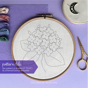 May include: A black and white line drawing of a bouquet of flowers in a hoop. The pattern is available in six sizes, from 3 inches to 8 inches, and includes a bonus template.