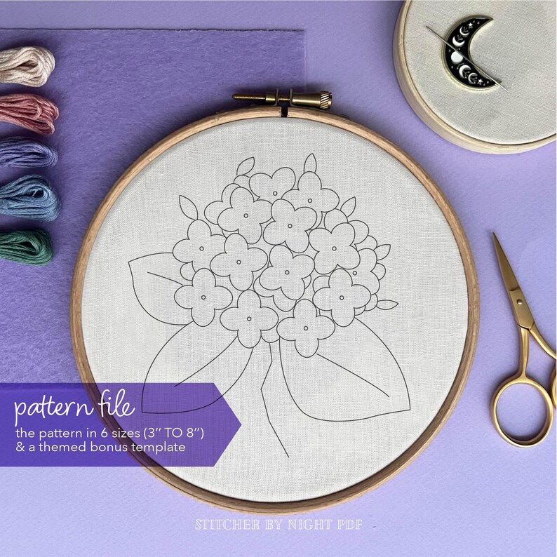 May include: A black and white line drawing of a bouquet of flowers in a hoop. The pattern is available in six sizes, from 3 inches to 8 inches, and includes a bonus template.