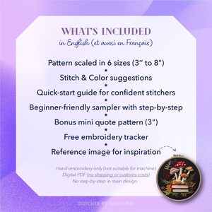 May include: A digital PDF with embroidery patterns, including a quick-start guide, stitch and colour suggestions, and a beginner-friendly sampler. The pattern is scaled in 6 sizes, from 7.6cm to 20.3cm, and includes a bonus mini quote pattern.